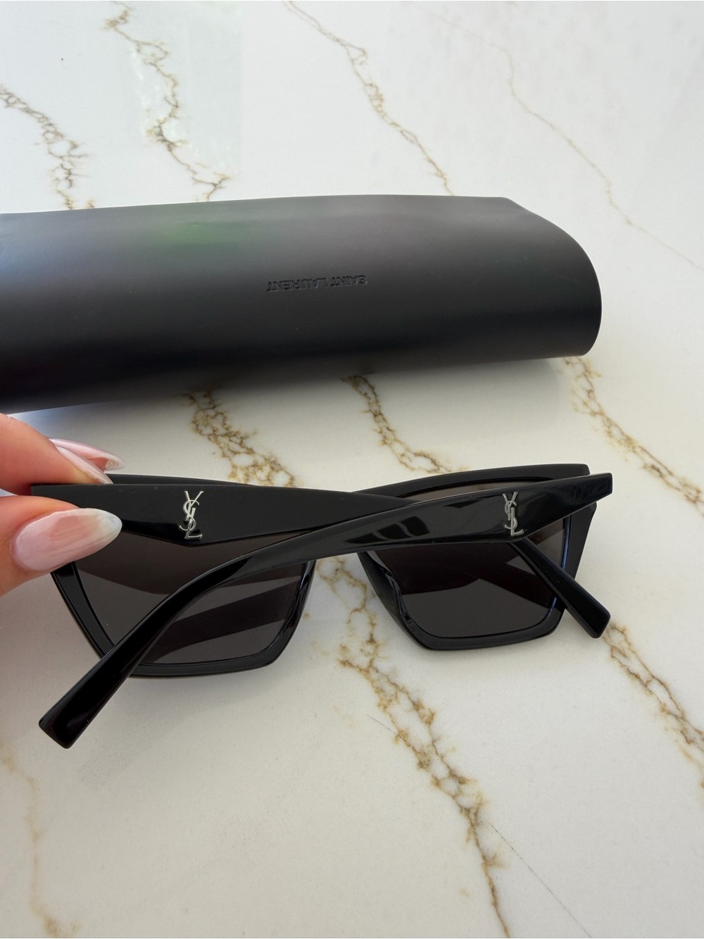 Saint Laurent Glossy Black Rectangular Sunglasses with Dark Lenses